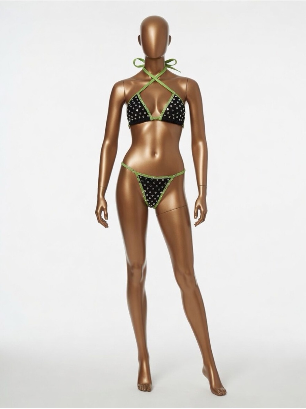 Black & Green Polka Dot Triangle Bikini Set - Women Intimates
